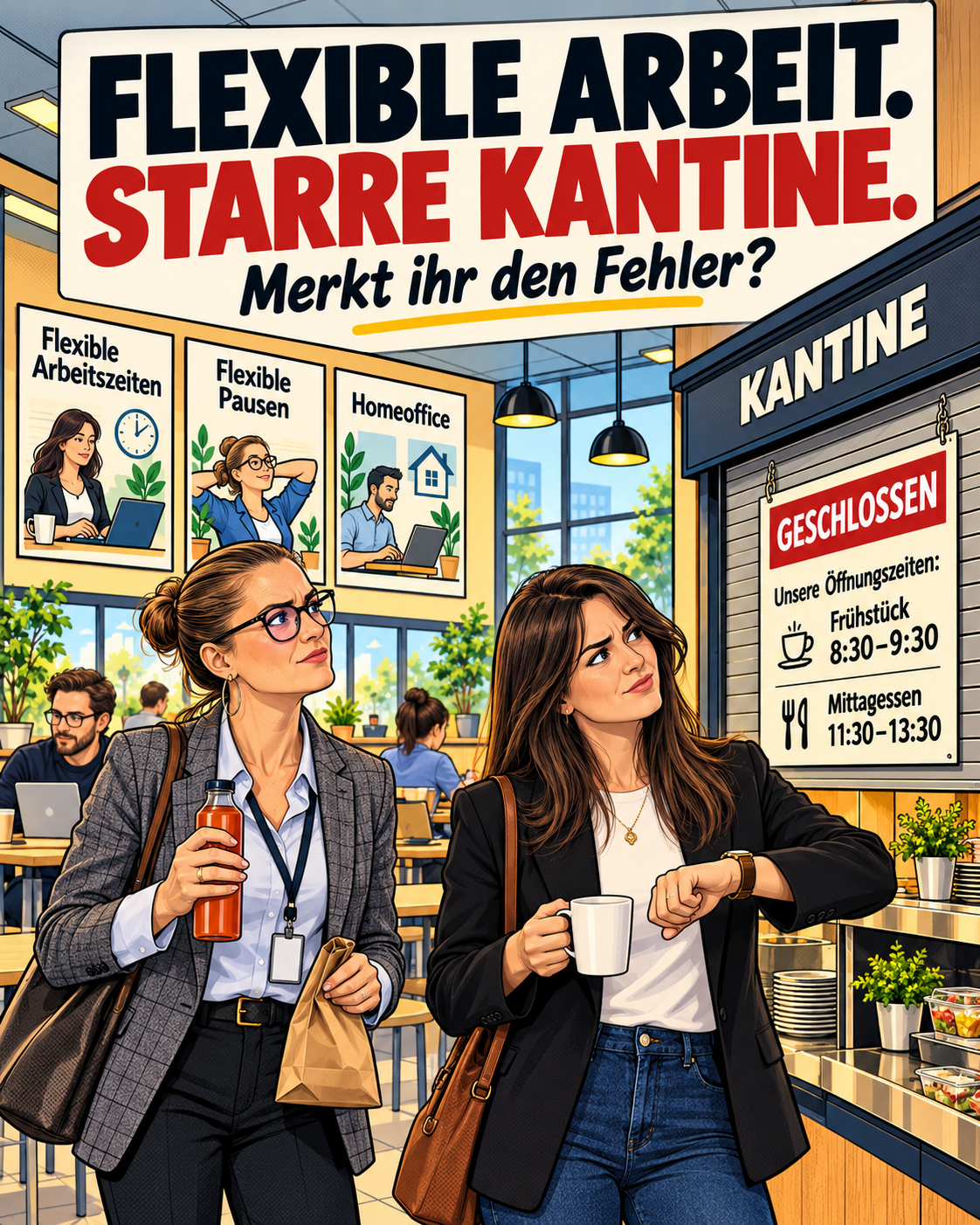 Illustration: Flexible Arbeitszeiten und Homeoffice treffen auf eine geschlossene Kantine mit festen Ausgabezeiten